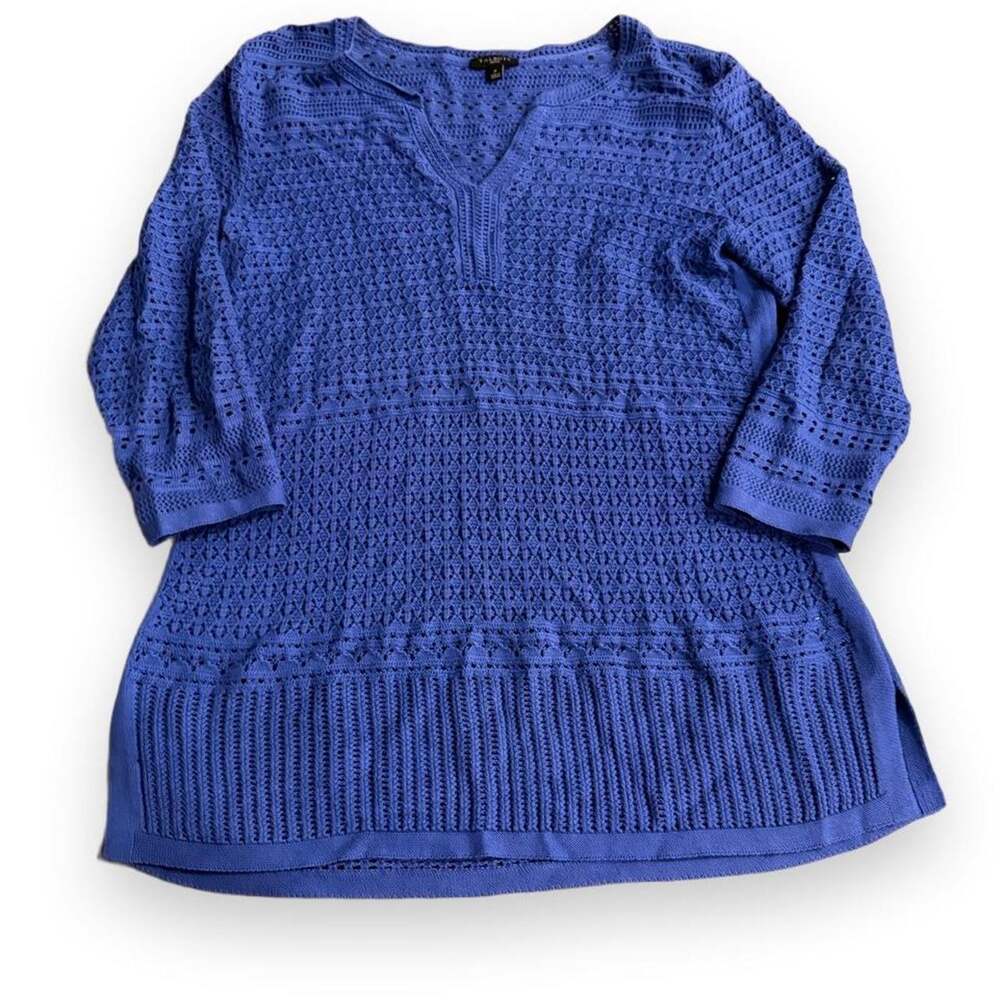 Talbots Petite Blue Crochet Open Knit Split Hem Tunic Sweater Top Size Petite P